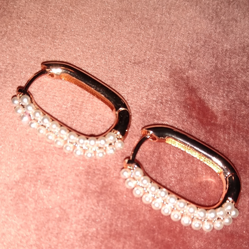 Rose Gold and Pearl Rectangle Hoops Rectangular Hoop Earrings Pave Pearls - Picture 8 of 12